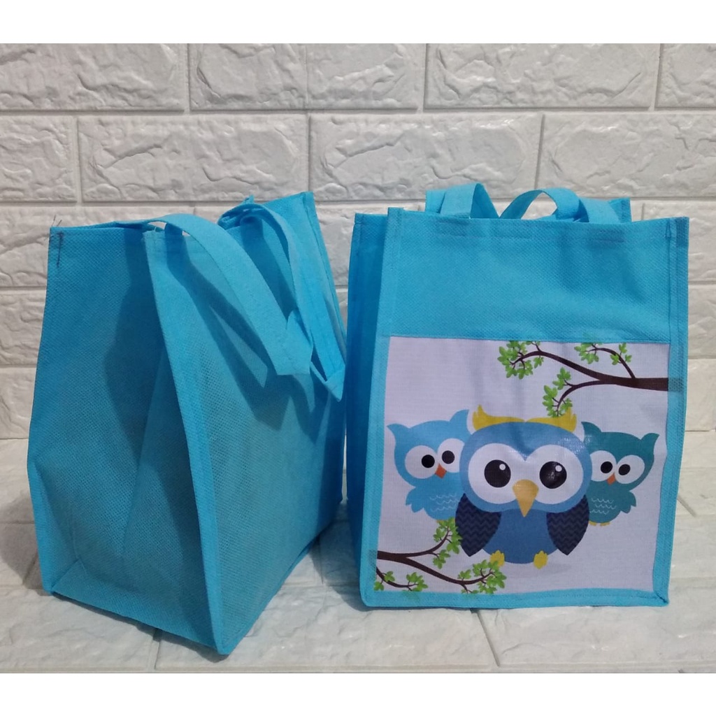 Tas NK Tema Animal Spunbond Goodie Bag Souvenir Ulang Tahun Anak Bingkisan Party Gift Birthday-Owl Biru