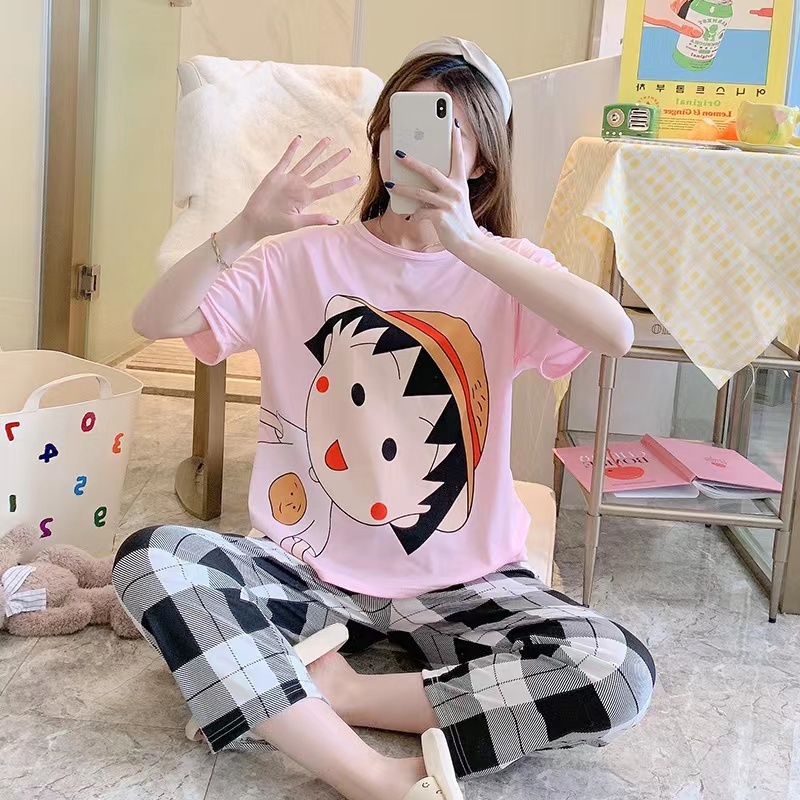 Piyama Oversize Bahan Kaos Lengan Pendek Baju Tidur Wanita pakaian tidur wanita kaos set baju tidur wanita piyama-Pink Maruko