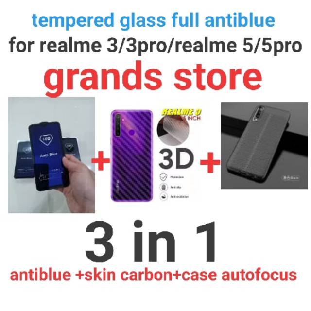 (3 in 1)Tempered glass Anti-Blue full + skin carbon + case autofocus