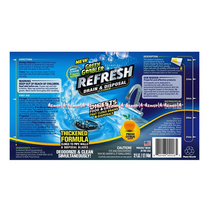 Green Gobbler Refresh Drain Disposal 946ml Pelancar Saluran Air Pipa Mampet Tersumbat Greengobbler