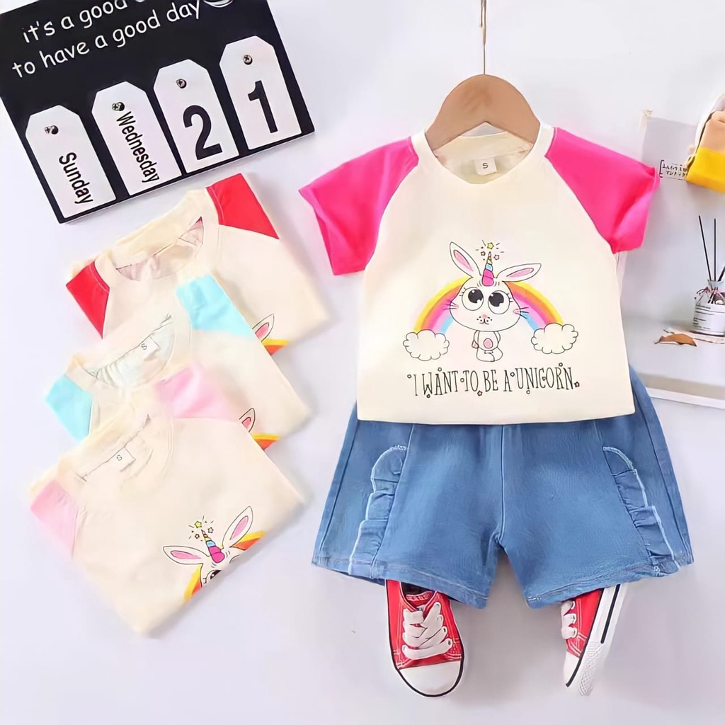 Setelan Motif Boneka Anak Perempuan Import Terbaru/Setelan Baju Celana Jeans/Set Bayi
