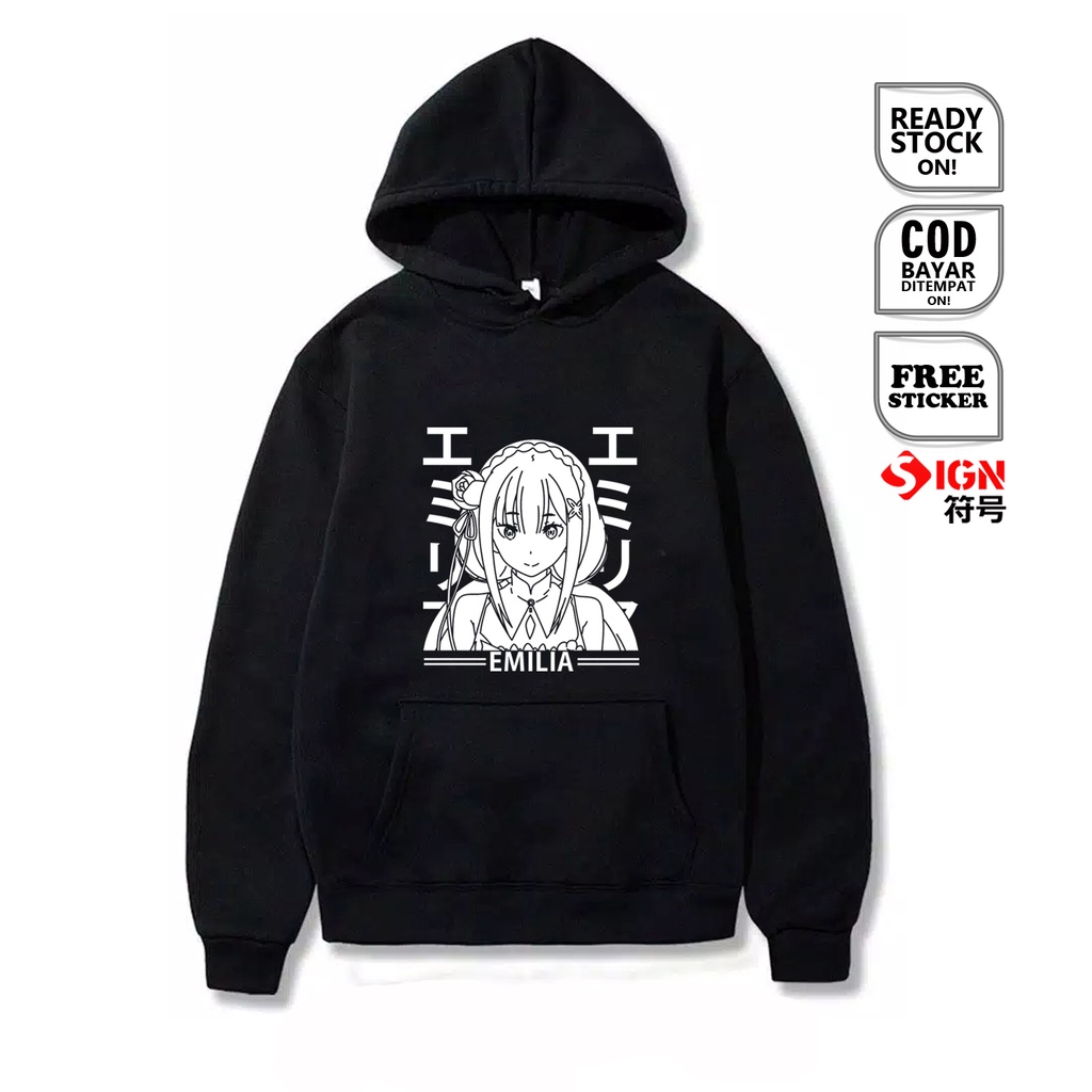 HOODIE WAIFU ANIME MANGA EMILIA RE ZERO HYOUKETSU NO MAJA EMIRI KINGDOM OF LUGNICA WIBU REM COSPLAY JAPAN CULTURE NATSUKI SATELLA ECHIDNA OTAKU BAJU JEPANG - SIGN CLOTH