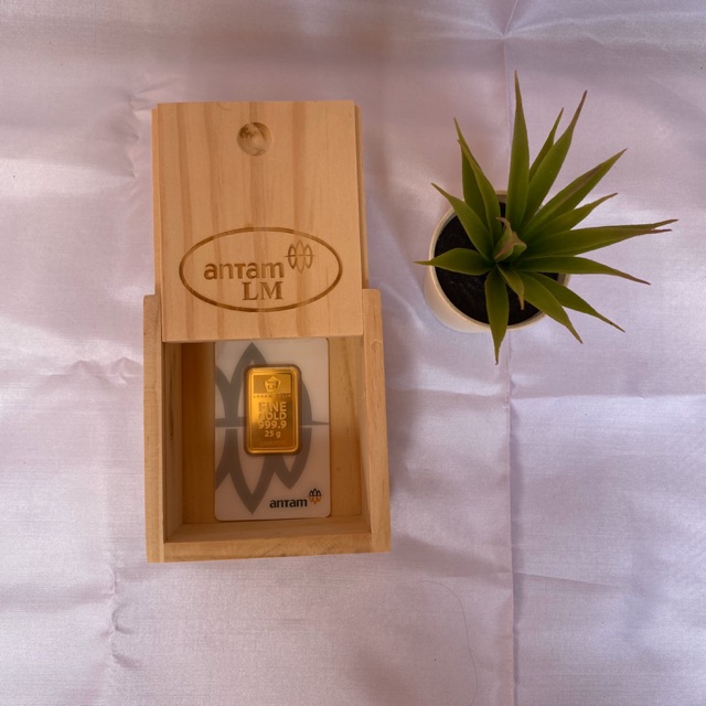 Box Perhiasan Emas LM dan Dinar Pine Wood Logo Antam