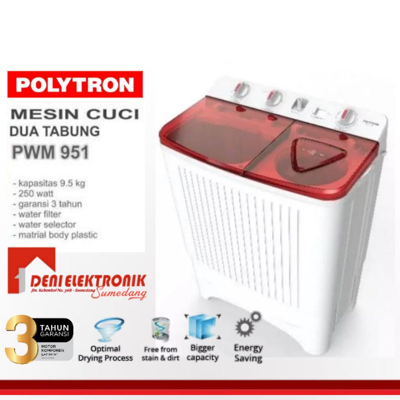 Mesin Cuci 2 Tabung 9,5 Kg Polytron PWM951 KHUSUS SUMEDANG