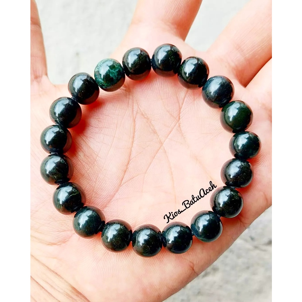 Gelang Giok Pria Wanita Batu Black Jade Asli Aceh Bulat Size 12