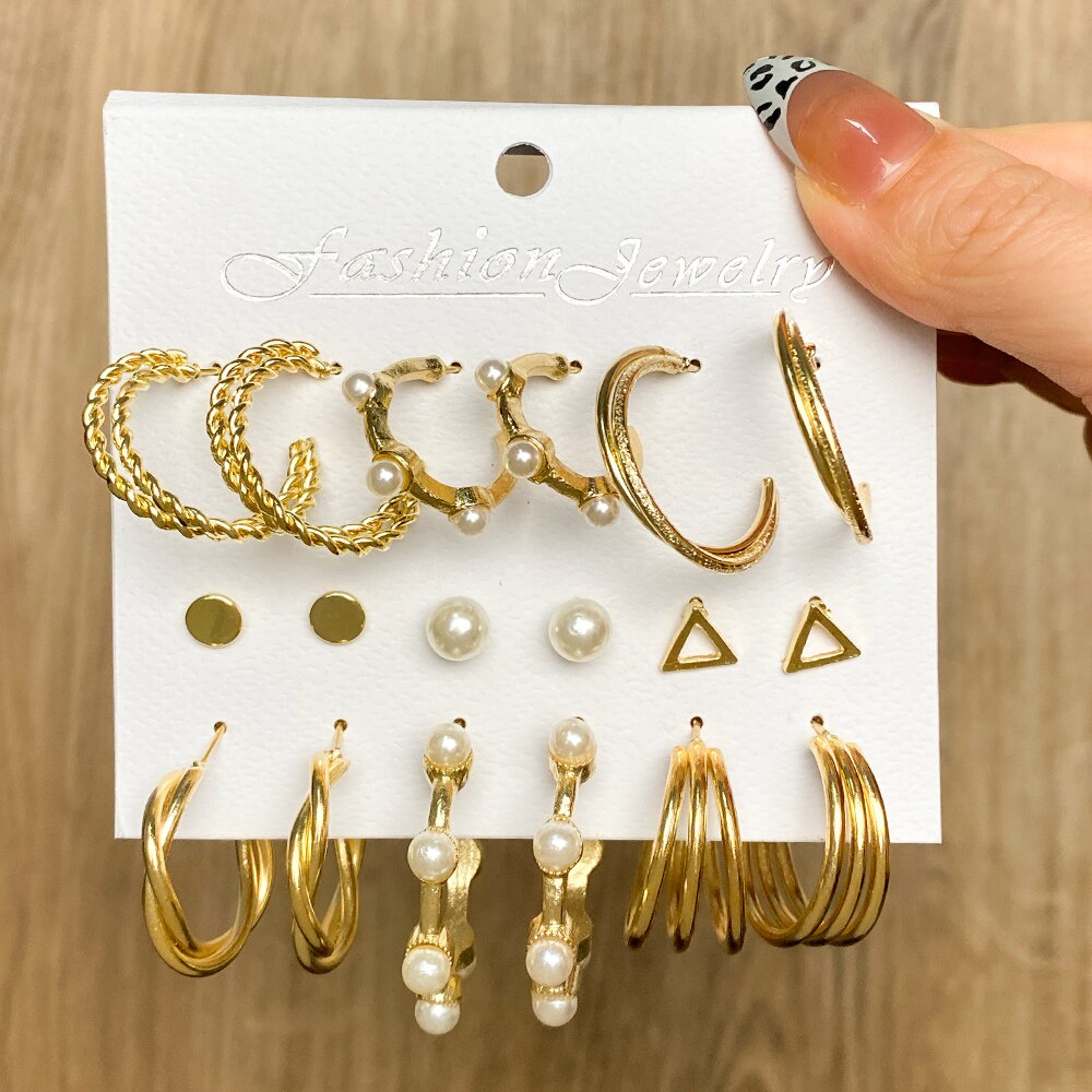 18pcs / Set Anting Hoop Mutiara Bentuk Lingkaran Geometris Bahan Logam Warna Emas Untuk Wanita