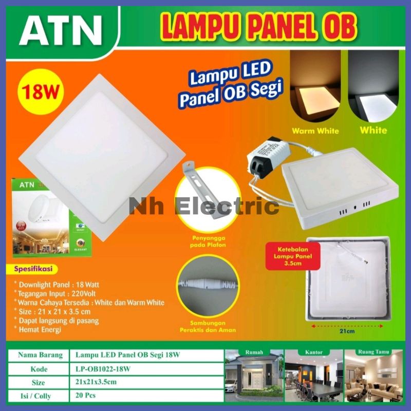 Led Panel 18W OB Kotak Putih Atn - Lampu Downlight 18 Watt Outbow Tempel Segi 4/Persegi White Tipis/Slim Atn SNI