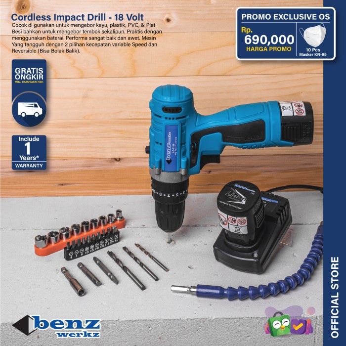 Mesin Bor Beton Baterai 18V + Set Mata Obeng 23Pcs By Benz Werkz
