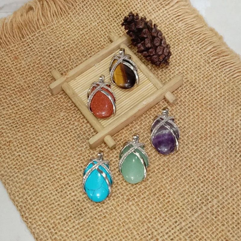 Liontin Batu Alam Pipih (tiger eye,pasir mas,amethys/kecubung,giok,pirus)