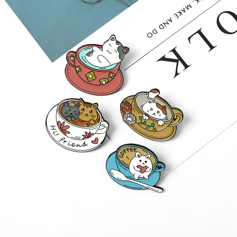 Bros Pin Enamel Bentuk Kucing Cangkir Kopi Untuk Hadiah Anak