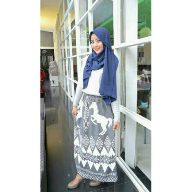 Fashion Wanita Muslim Kekinian Bawahan  Rok Skirt Pinggang Karet Motif Etnik Pita Ikat Hayria