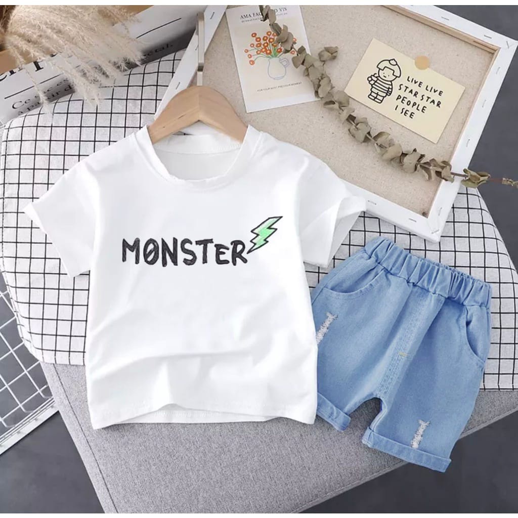 SETELAN ANAK SETELAN KAOS CELANA PENDEK DENIM ANAK UMUR 1-5 TAHUN