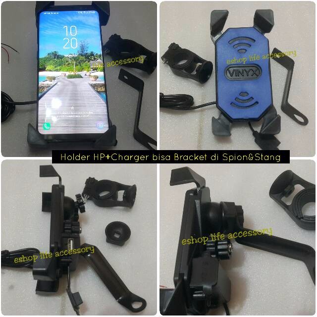 Holder HP di Motor+Charger Bracket Di spion & Stang Matic Bebek Sport