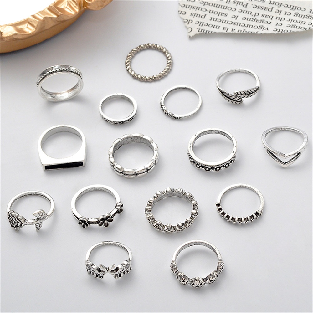 15pcs / set Cincin Bentuk Gajah Bunga Tengkorak Geometris Bahan Logam Gaya Retro Untuk Wanita