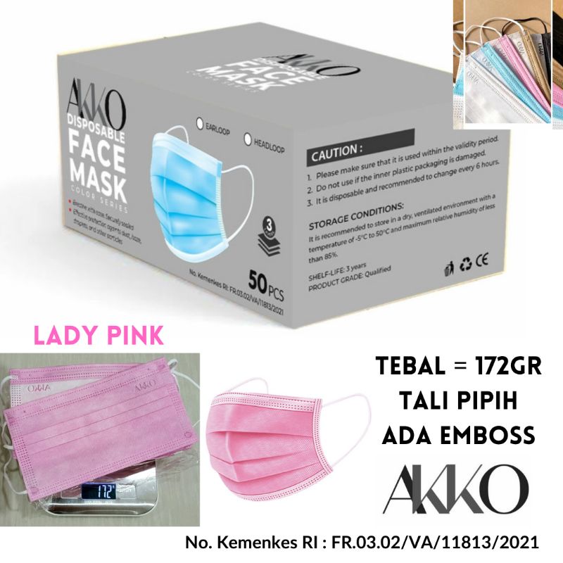 MASKER AKKO TEBAL EARLOOP LADY PINK 3PLY KEMENKES ORIGINAL