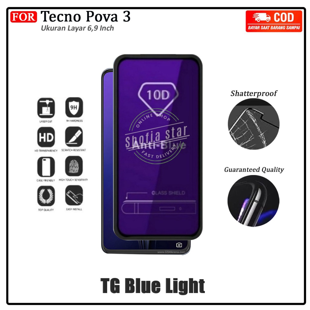 Tempered Glass Blue Light Tecno Pova 3 Tg Layar Anti Gores Kaca Full Cover