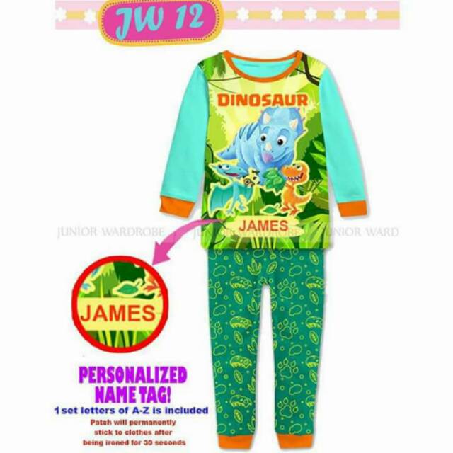 Setelan Piyama Anak Cowok &quot;PERSONALIZED NAME&quot; Green Dinosaur Set 3in 1 (baju,celana,huruf nama)