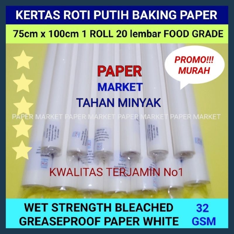 

KERTAS ROTI PUTIH GREASEPROOF PAPER WHITE 32 GSM 1 roll (20 lembar)