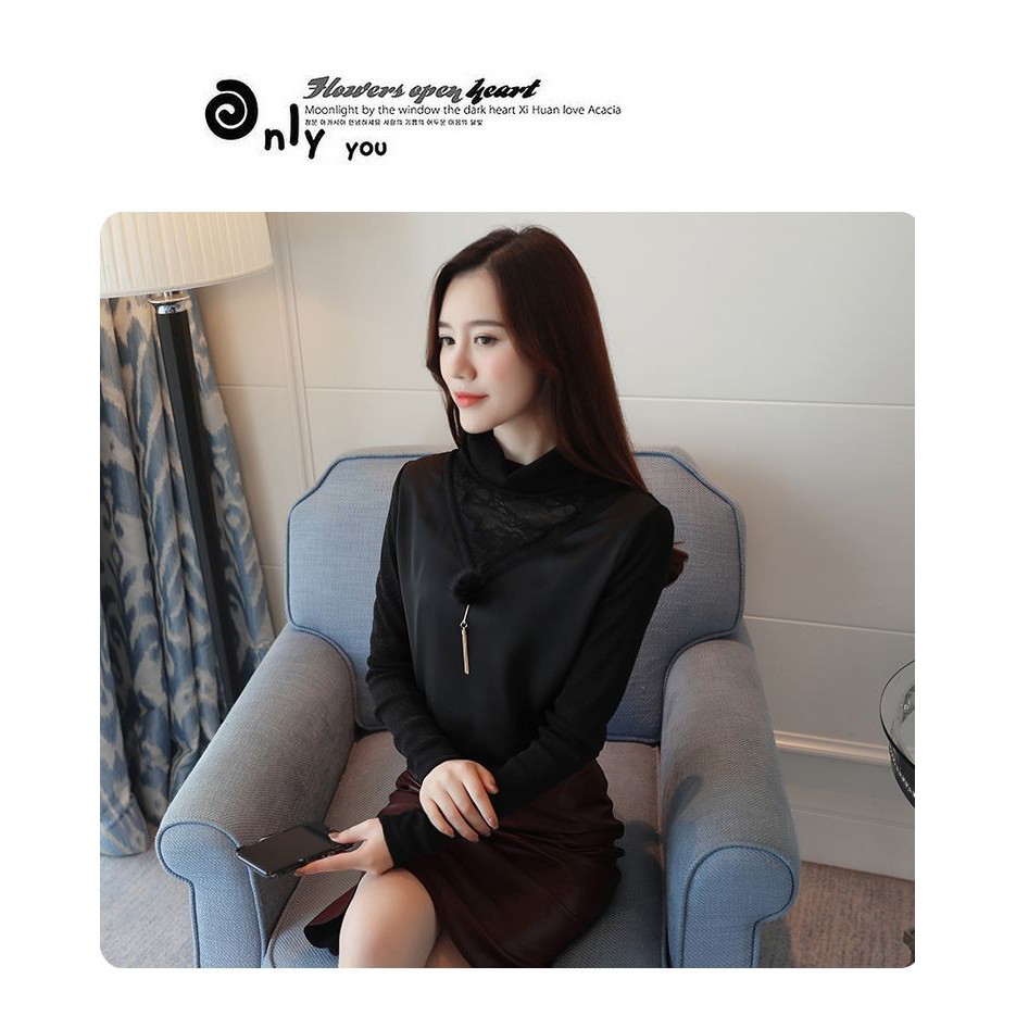 Blus Lengan Panjang Import - 32139 Black Fur Ball Blouse