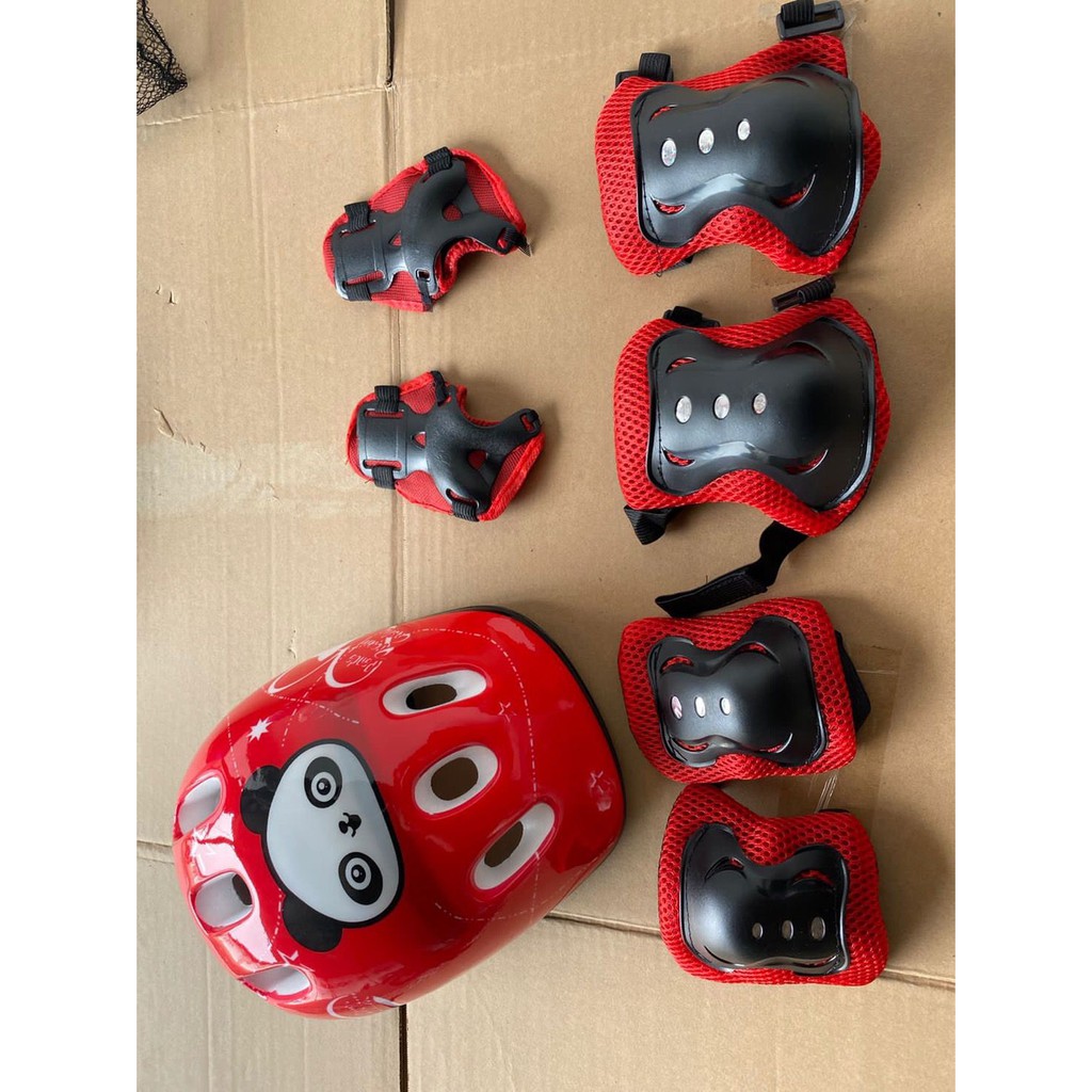 NEW ! Paket Helm + Deker anak gambar Panda / Paket safety Helm dan Deker anak motif Panda Lucu