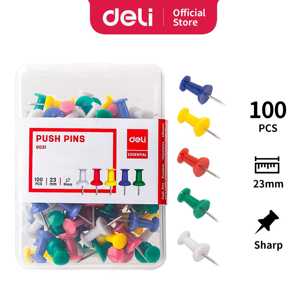 

Deli Push Pins 23mm 100pcs/Box Anti karat 5 Warna untuk memudahkan pengindeksan E0031