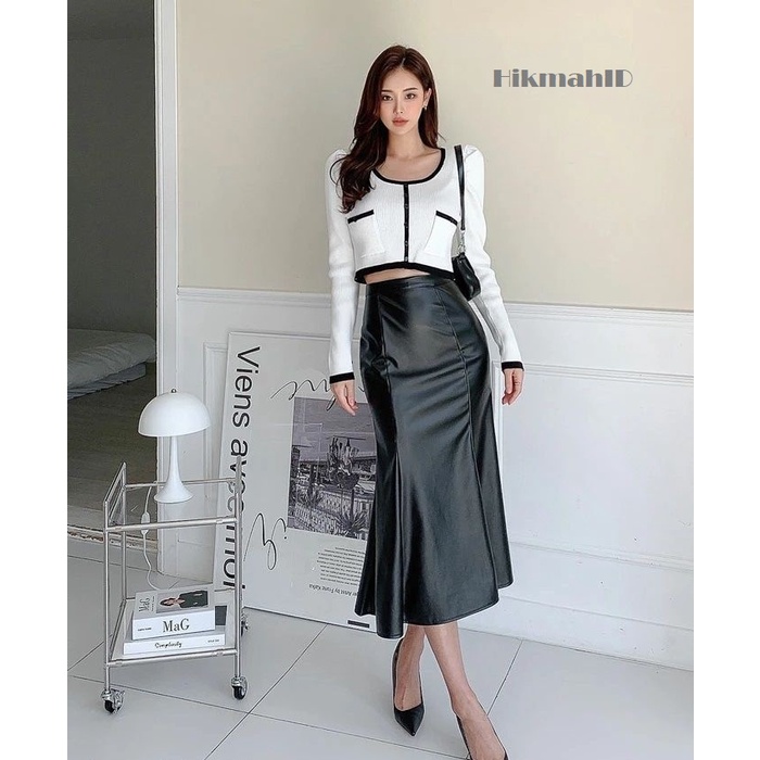 Rok Kulit PU  High Waist Midi Leather Skirt Rok Fishtail Casual Glamour Pas Badan Bagian Pinggang dan Pinggul Fashion Wanita Korea Model Terbaru