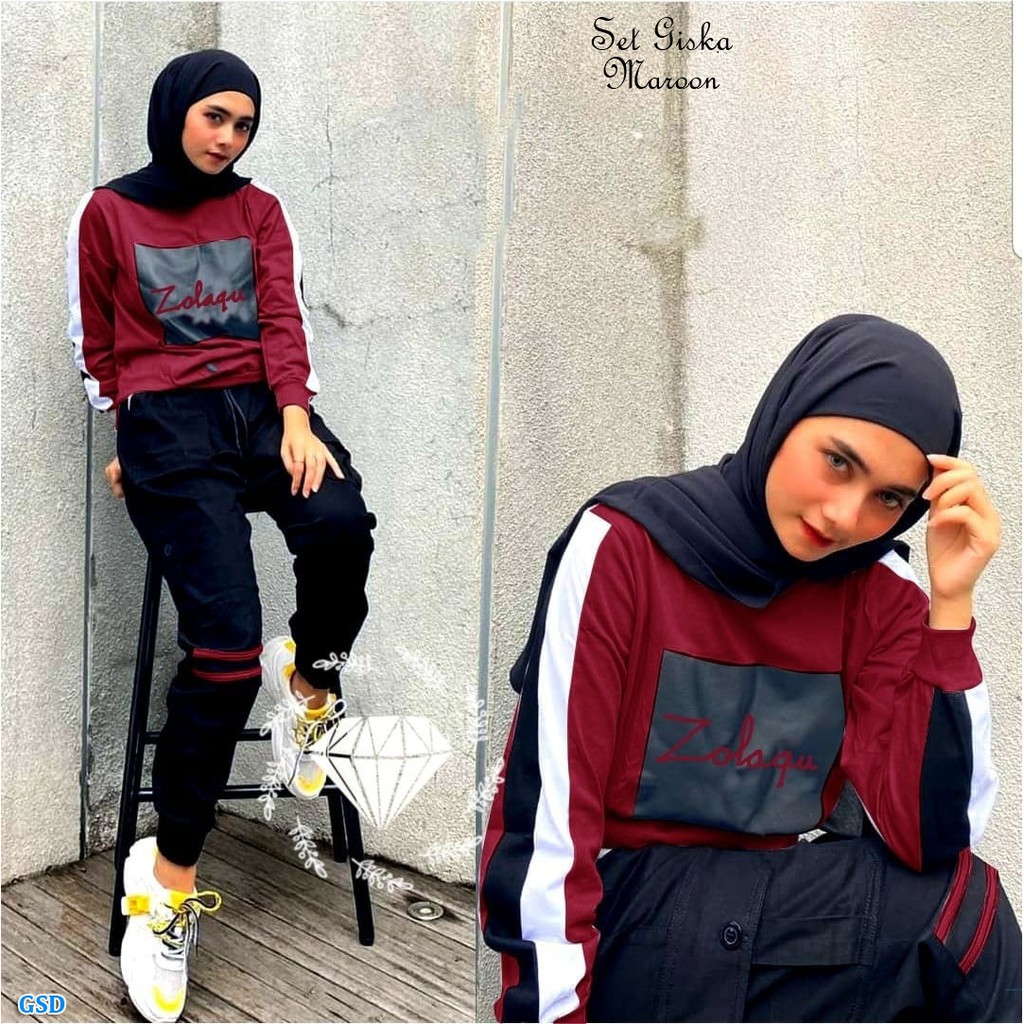 Set Giska/Setelan Training Muslimah Wanita/ Baju Senam Wanita/Setelan Training Kekinian