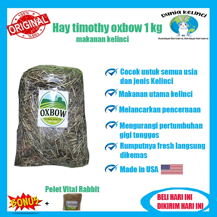 MAKANAN KELINCI HAY TIMOTHY OXBOW 1 KG GUINEA PIG MARMUT CHINCHILLA HAMSTER RUMPUT KERING JERAMI