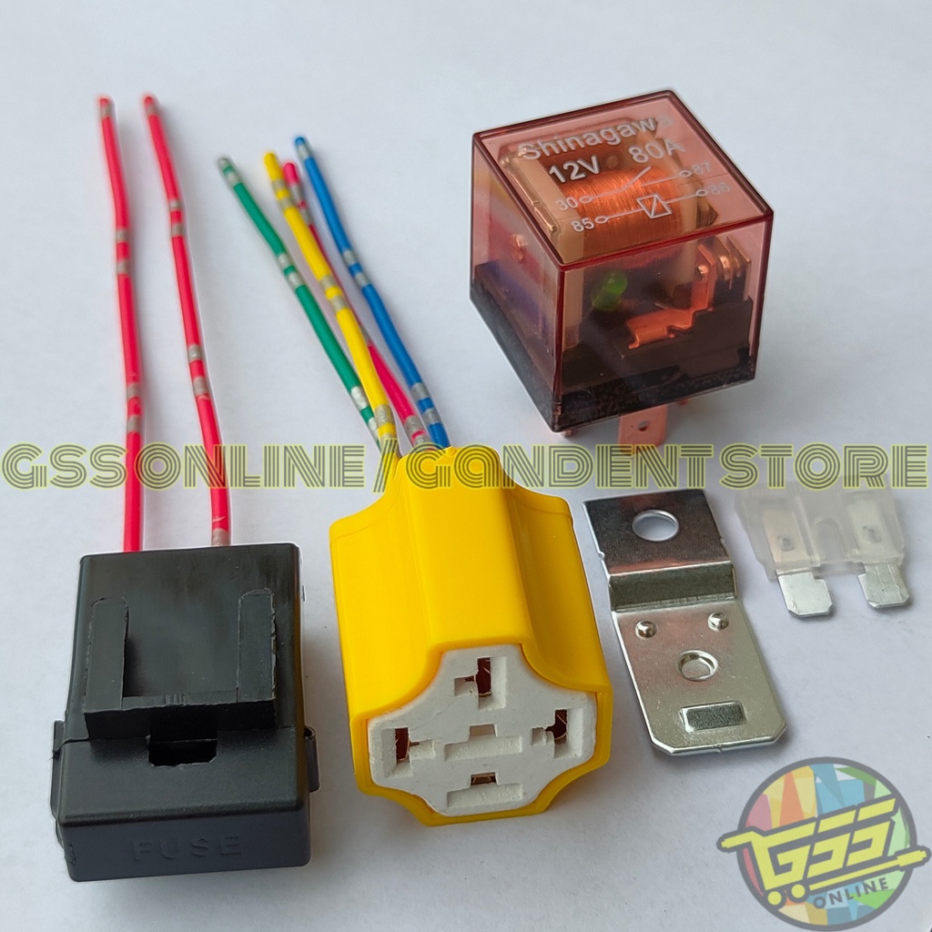 Paket lengkap Relay CR7 SHINAGAWA original 12v 30a 80a kaki 4 socket relay KERAMIK kaki 4 dan rumah sekring kabel kecil