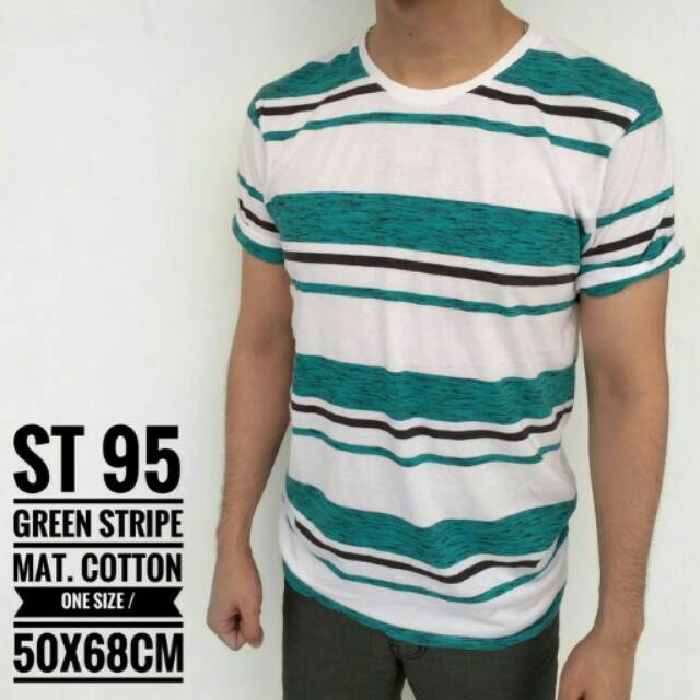 Baju kaos lengan pendek pria casual salur hijau