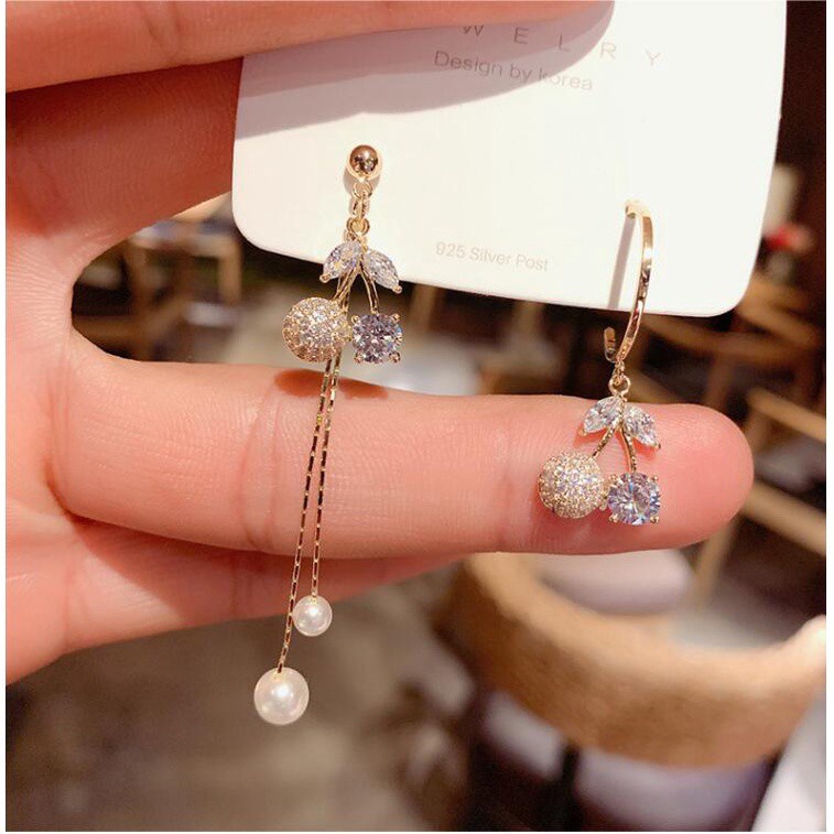 Anting Tusuk Gantung Bahan Sterling Silver 925 Desain Buah Ceri Hias Zircon Gaya Korea Untuk Wanita