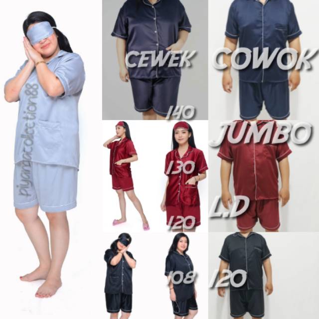 Baju tidur couple celana pendek pria jumbo pasangan wanita big size hot pant satin polos setelan