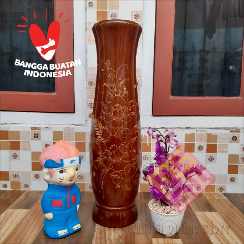 Guci vas bunga model cukit kayu jati tinggi 55 cm / free packing kardus