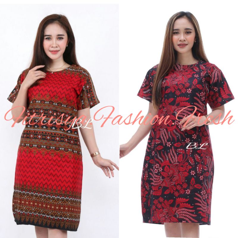 TUNIK DRESS BATIK WANITA JUMBO XXXXL / 4L LENGAN PENDEK MOTIF ANJANI DAN MANGGAR KOMBINASI