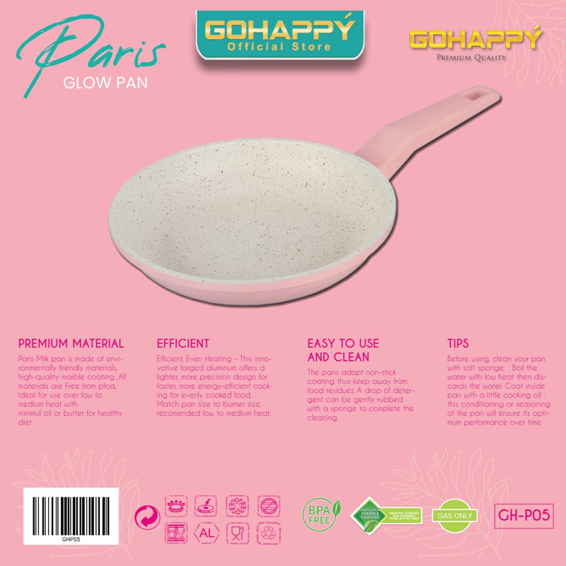 GOHAPPY Panci Fry pan Paris 20 cm/GlowPan Paris GH-P05/Wajan Frypan Anti lengket marble putih