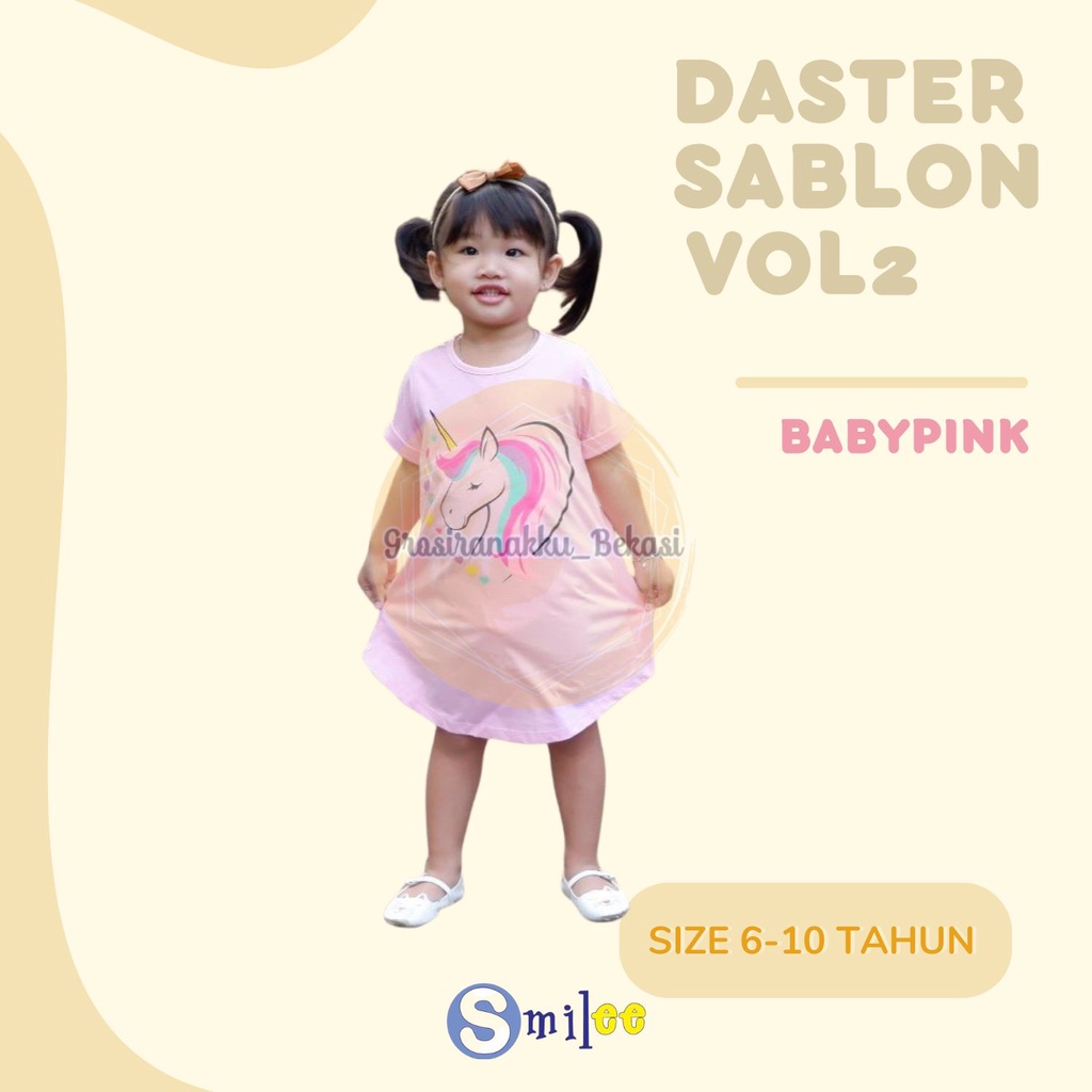 Daster Anak Smile Sablon Vol 2 Junior Motif Baby Pink Kudapony Size 6-10Thn