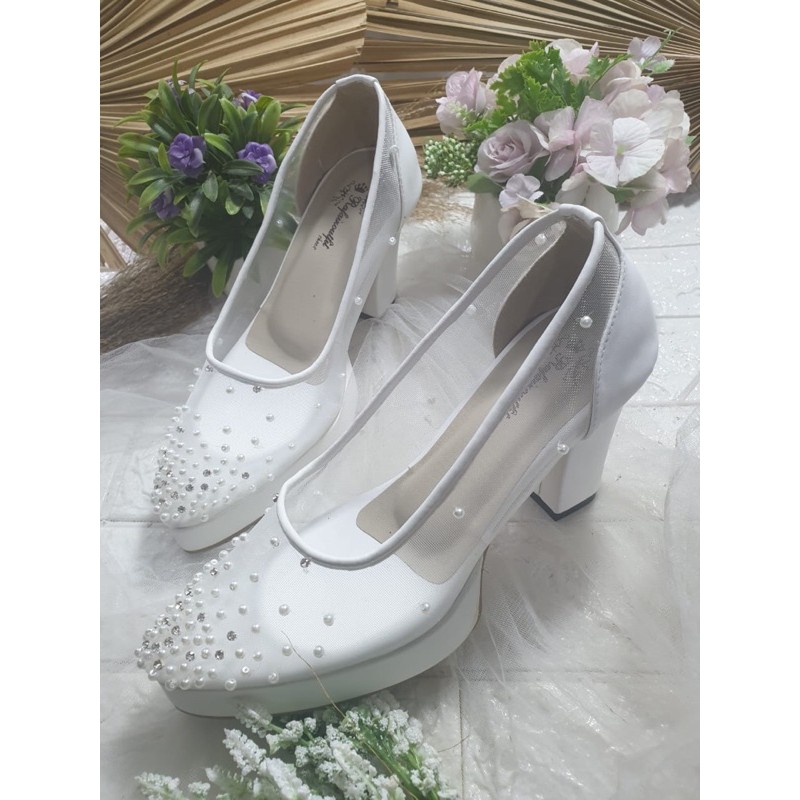 sepatu elphii putih sepatu wedding cantik 9cm bahan