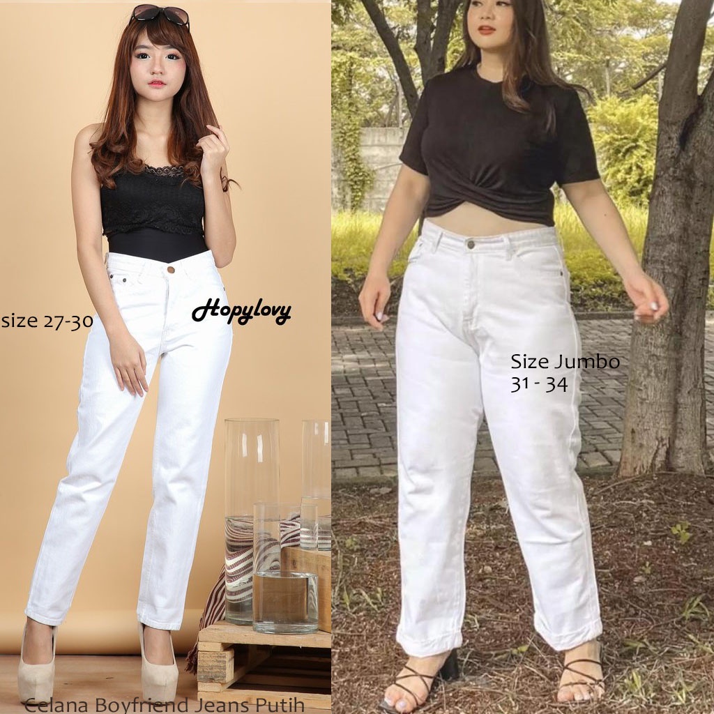 Hopylovy Celana Jeans Putih Wanita| Celana Boyfriend Jeans | Celana Panjang Puti Wanita White Anella