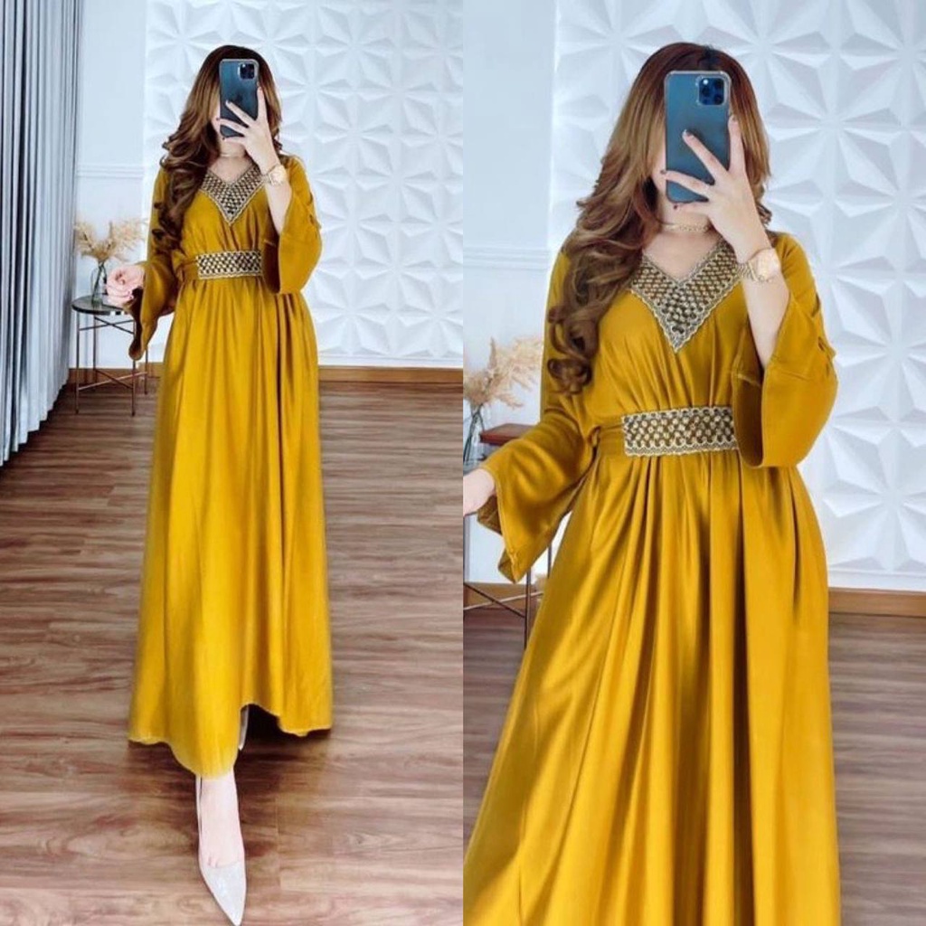 Kaftan Tsamira DST - Kaftan Arabian Polos Renda Free Belt Size Jumbo Lengan Panjang Rayon Diamond Kaftan Wanita