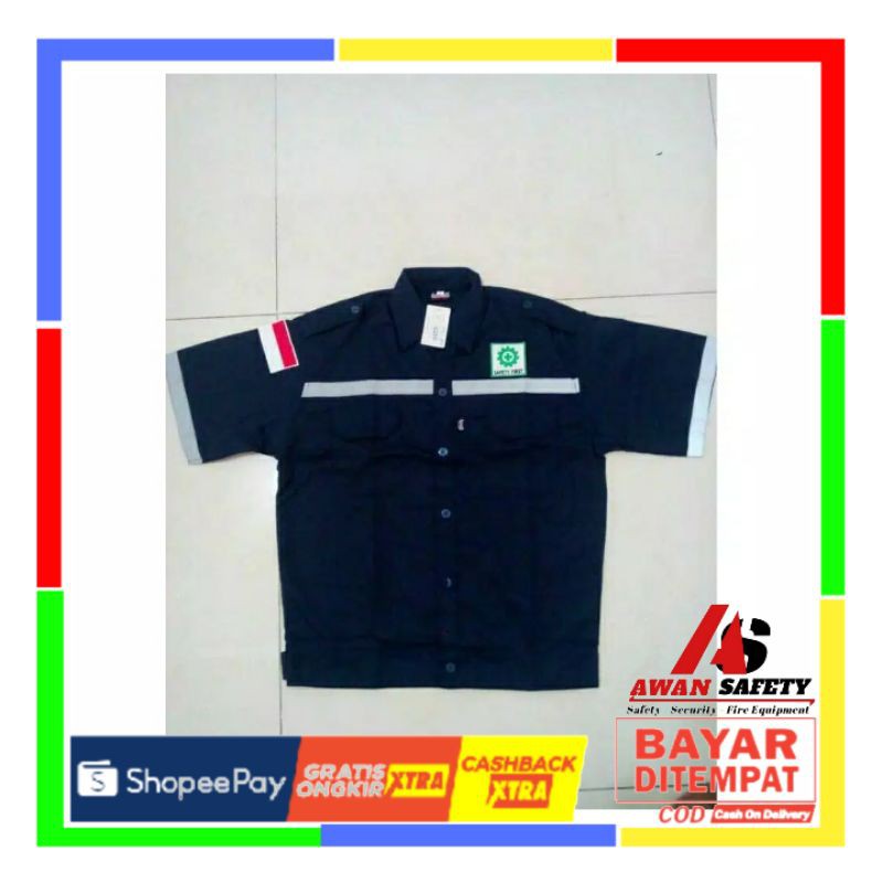Baju Safety Proyek Logo K3 Kemeja Kerja Atasan Pria Lengan Pendek Bahan Drill