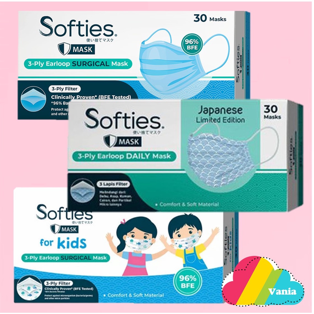 Masker Softies Daily Surgical Medis 30 mask polos motif hijab headloop anak batik parang japanese