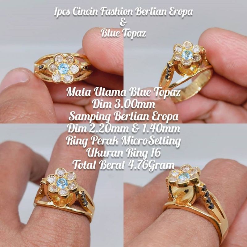 cincin wanita blue topaz asli samping berlian eropa ikat perak bkn batu bacan zamrud ruby safir akik