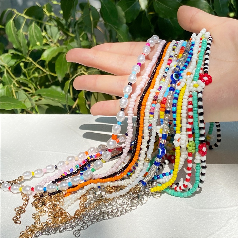 Kalung Choker Rantai Manik-Manik Kecil Warna-Warni Gaya Boho Untuk Wanita