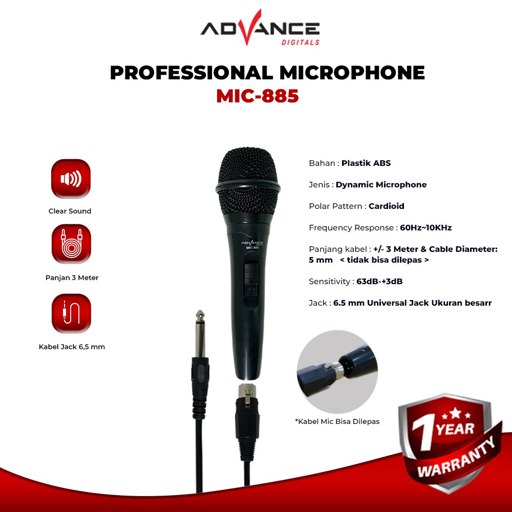Advance MIC-885 Single Profesional Dynamic Microphone Speaker Mic Kabel Microphone Premium Jack Besar 6.5MM
