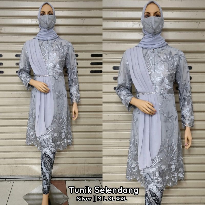 Setelan Kebaya Tunik Selendang Kareema Busui Friendly Bahan Tulle Full Bordir Mix Ceruty Babydoll