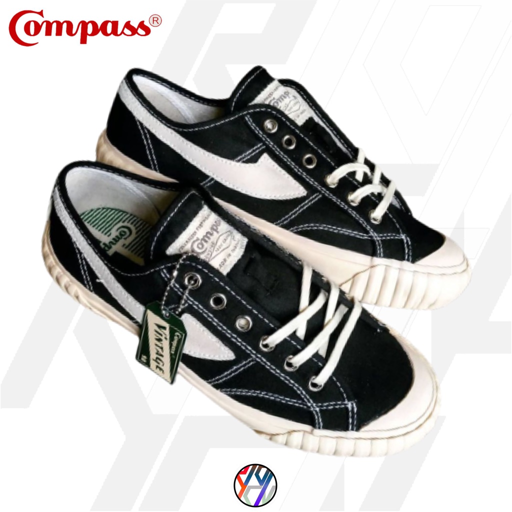SEPATU COMPASS VINTAGE 98 LOW BLACK WHITE