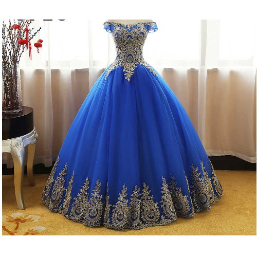 Gaun Pengantin Mewah Emas Appliques Ball Gown Quinceanera