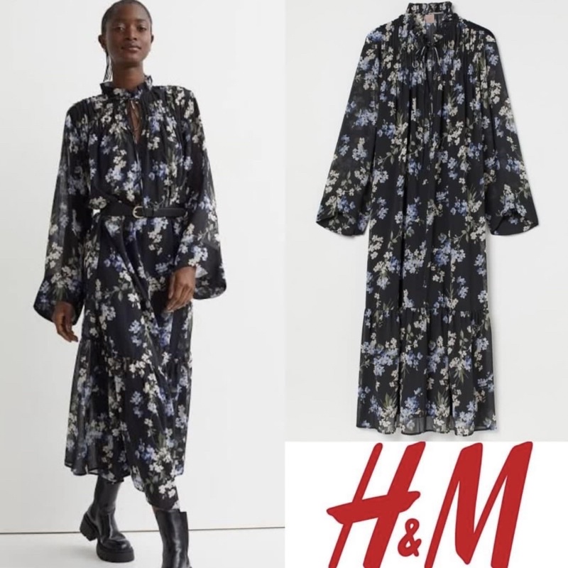 h&m hnm hm floral navy chiffon maxi long dress