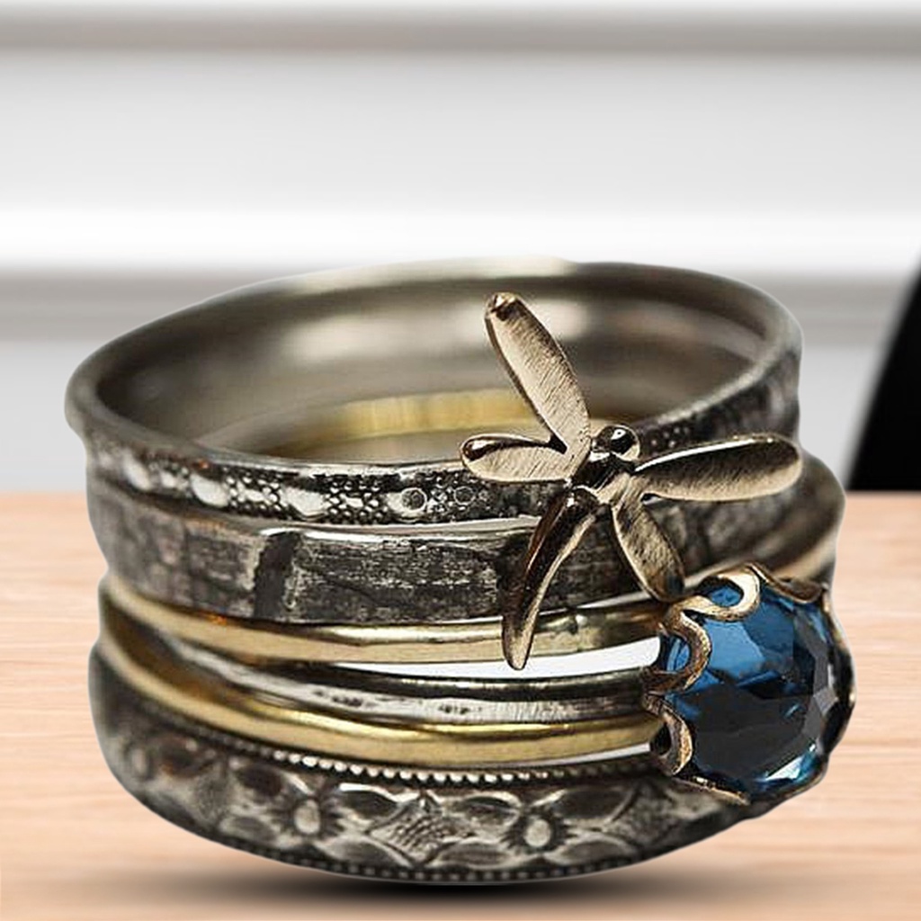 Hu Hu Hu Hu Hu Alat Bantu Pasang Kacamata♡ Cincin Jari Multilayer Desain Capung Aksen Kristal Imitasi Warna Biru Gaya Vintage Untuk Kencan