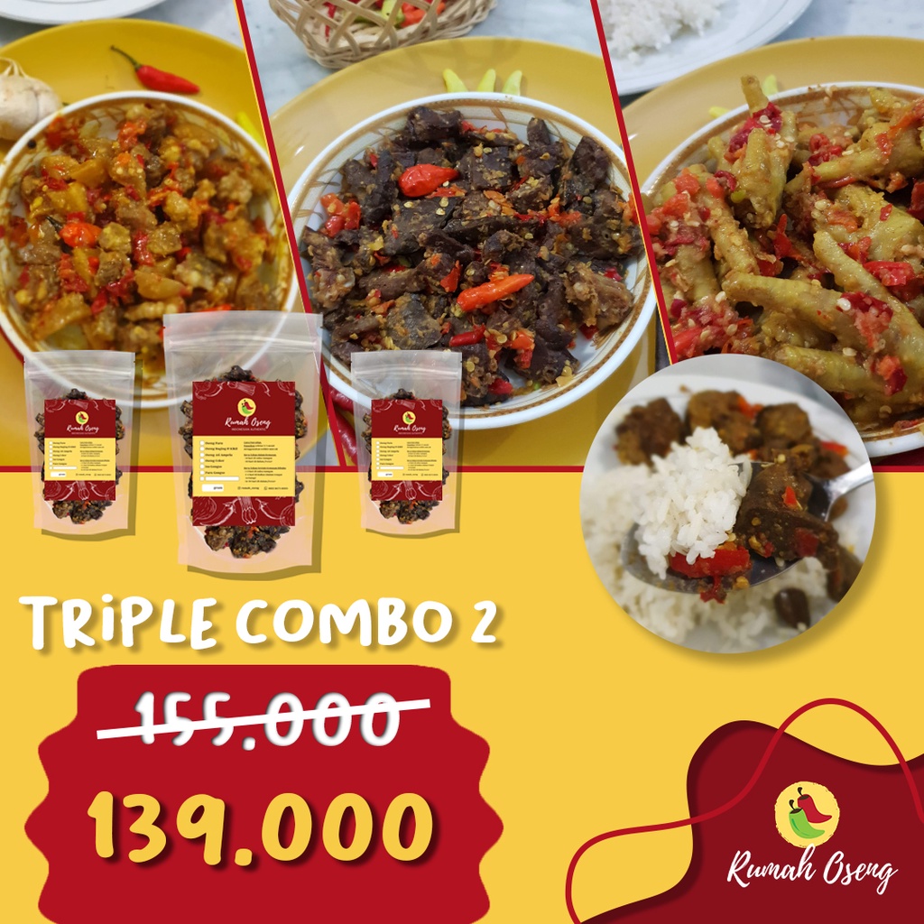 

Paket HEMAT Triple Combo 2 (1 Oseng Kikil, 1 Oseng Ati Ampela, 1 Oseng Ceker) Lauk Pedas by Rumah Oseng